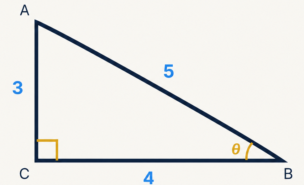 Triângulo retângulo 3-4-5 com ângulo theta