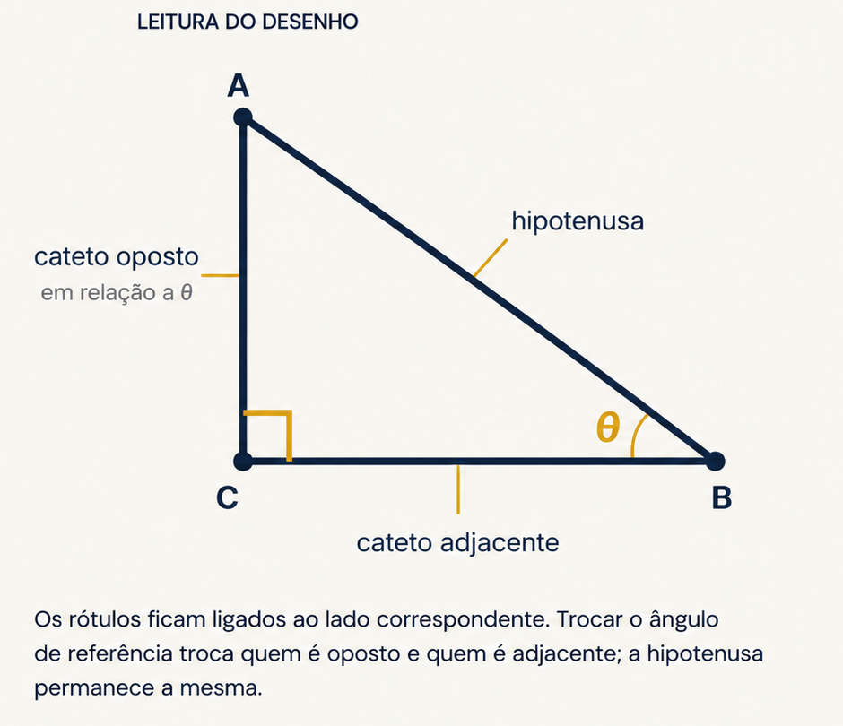 Leitura do triângulo retângulo com cateto oposto, cateto adjacente, hipotenusa e ângulo theta