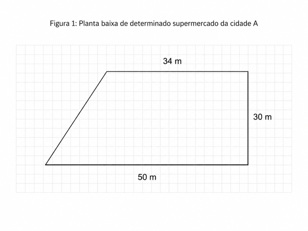 Planta baixa legível da Questão 19 do PAVE 2 2021, em formato de trapézio, com bases de 34 m e 50 m e altura de 30 m.
