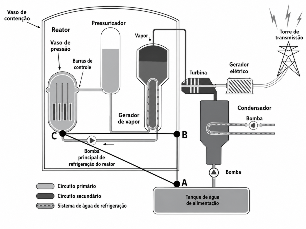 Esquema da usina nuclear da Questão 20 do PAVE 2 2021, com os pontos A, B e C destacados.