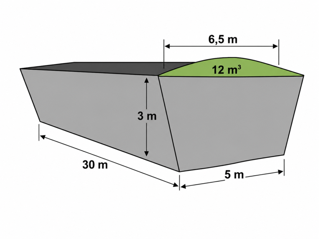 Figura oficial da Questão 22 do PAVE 2 2022 mostrando um silo com comprimento de 30 m, seção trapezoidal de bases 5 m e 6,5 m, altura 3 m e volume adicional de 12 m³ no topo.