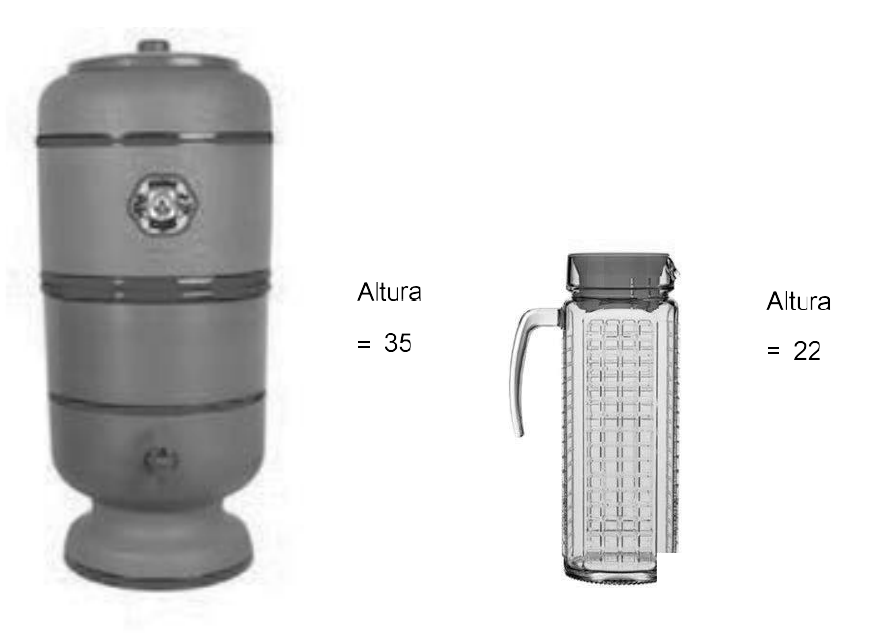 Figura oficial da Questão 20 do PAVE 2 de 2023, com um filtro de barro de altura 35 e uma jarra de altura 22.