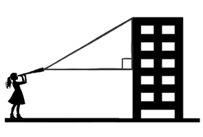 Imagem original da Questão 23 do PAVE 2 de 2024 mostrando Ana usando um teodolito diante de um prédio e a linha de visada até o topo.