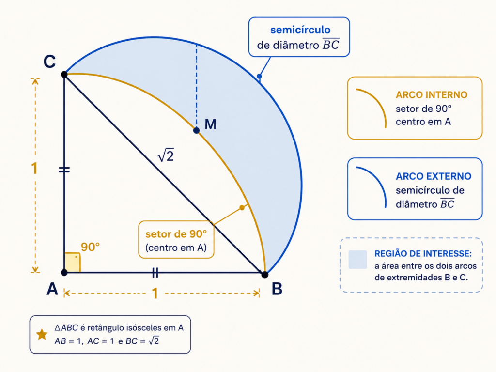 Apoio visual oficial da Questão 68 mostrando o setor de 90 graus, o semicírculo de diâmetro BC e a região entre os dois arcos