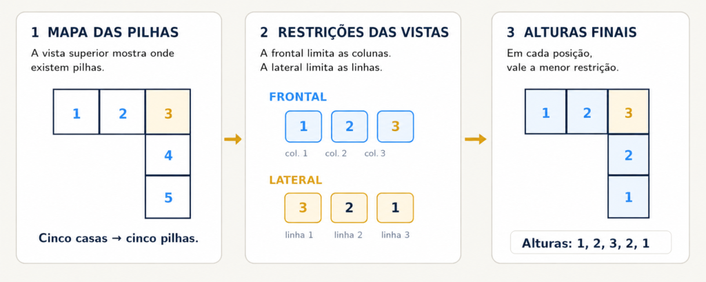 Apoio visual oficial da Questão 69 mostrando mapa das pilhas, restrições frontal e lateral e alturas finais