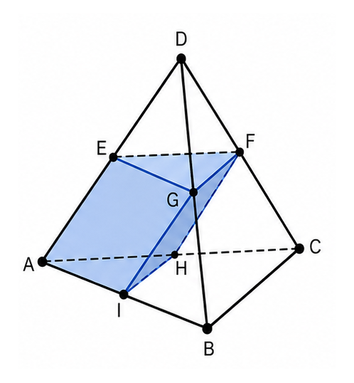 Tetraedro regular da Questão 70 da UFRGS 2026 com pontos A, B, C, D, E, F, G, H e I