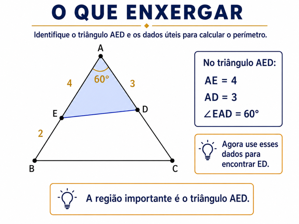 Apoio visual da Questão 67 destacando o triângulo AED e os dados AE igual a 4, AD igual a 3 e ângulo EAD igual a 60 graus.