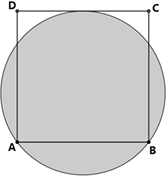 Figura original da Questão 68 da UFRGS 2025 com quadrado ABCD e círculo tangente ao lado CD.